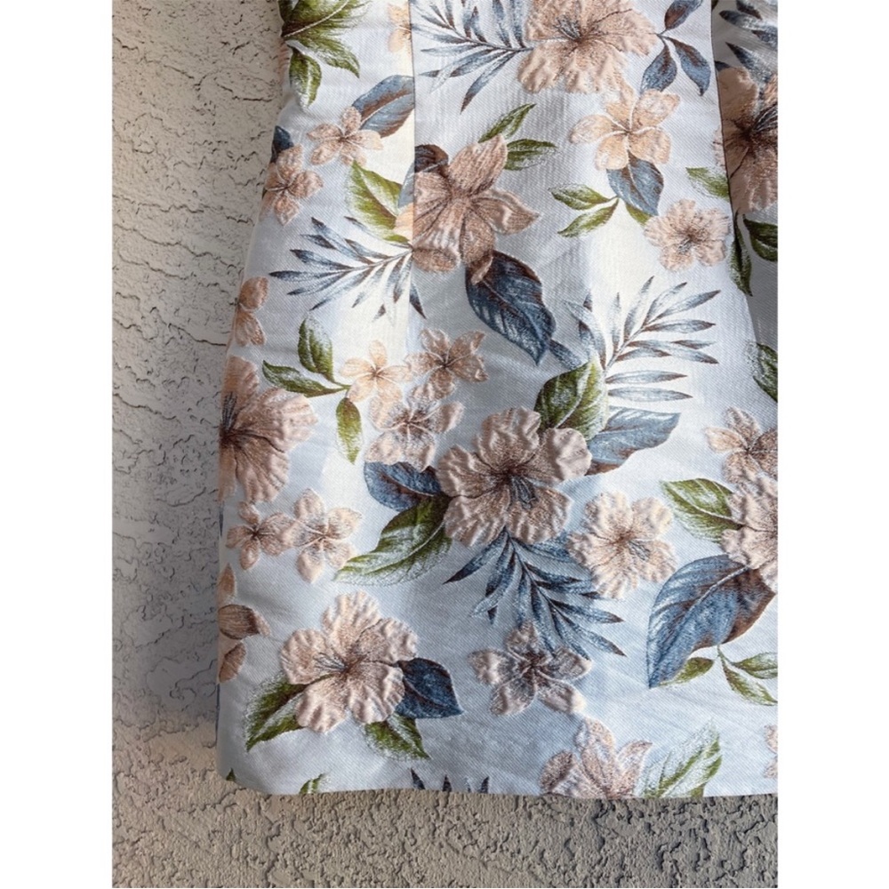 BEC + BRIDGE Blue & Pink Textured Floral Jacquard Plunging V Poofy Sleeve Dress - Picture 12 of 16